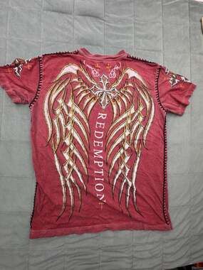 Raw State T-Shirt Size L Red Cross Wings Redemption Y2K Grunge Affliction